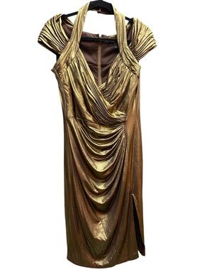 Tadashi Metallic Gold Draped Evening Dress - Women